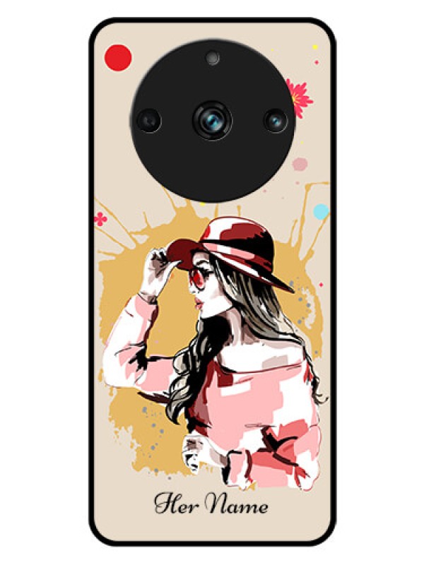 Custom Realme 11 Pro 5G Photo Printing on Glass Case - Women with pink hat Design