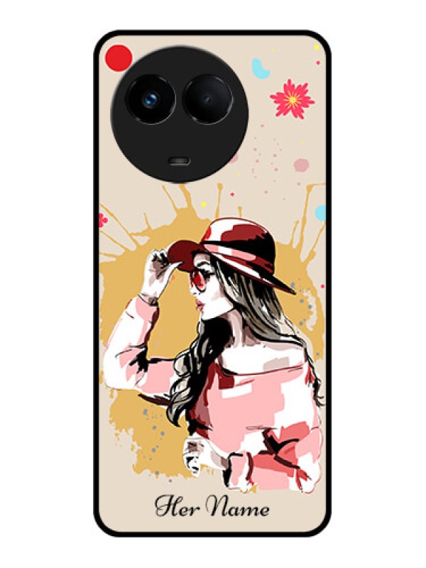 Custom Realme 11x 5G Photo Printing on Glass Case - Women with pink hat Design