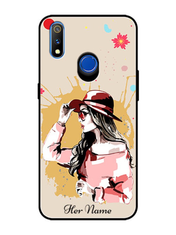 Custom Realme 3 Pro Photo Printing on Glass Case - Women with pink hat Design