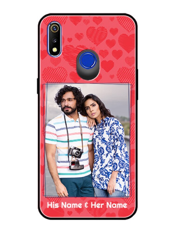 Custom Realme 3i Photo Printing on Glass Case  - with Red Heart Symbols Design