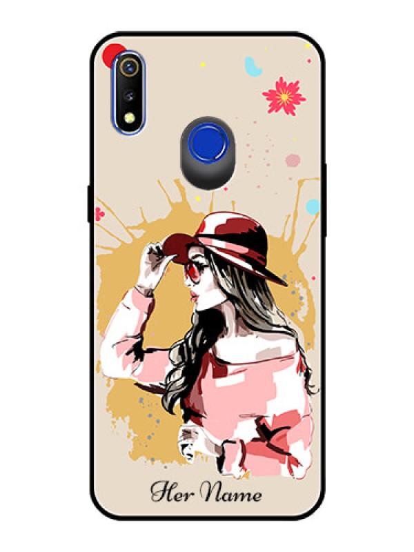 Custom Realme 3I Photo Printing on Glass Case - Women with pink hat Design