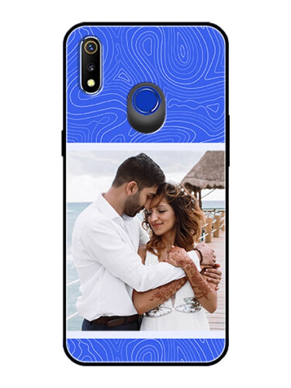 Custom Realme 3I Custom Glass Mobile Case - Curved line art with blue and white Design