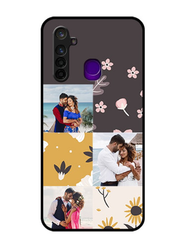 Custom Realme 5 Pro Photo Printing on Glass Case  - 3 Images with Floral Design