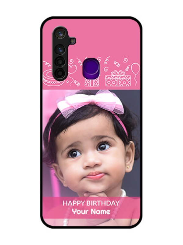 Custom Realme 5 Pro Photo Printing on Glass Case  - with Birthday Line Art Design
