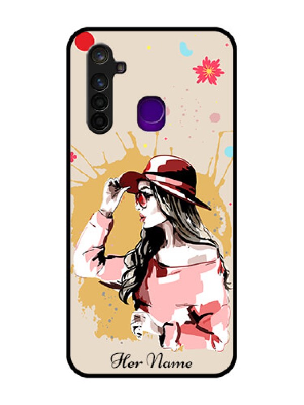 Custom Realme 5 Pro Photo Printing on Glass Case - Women with pink hat Design