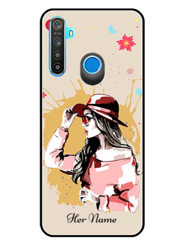Custom Realme 5i Photo Printing on Glass Case - Women with pink hat Design