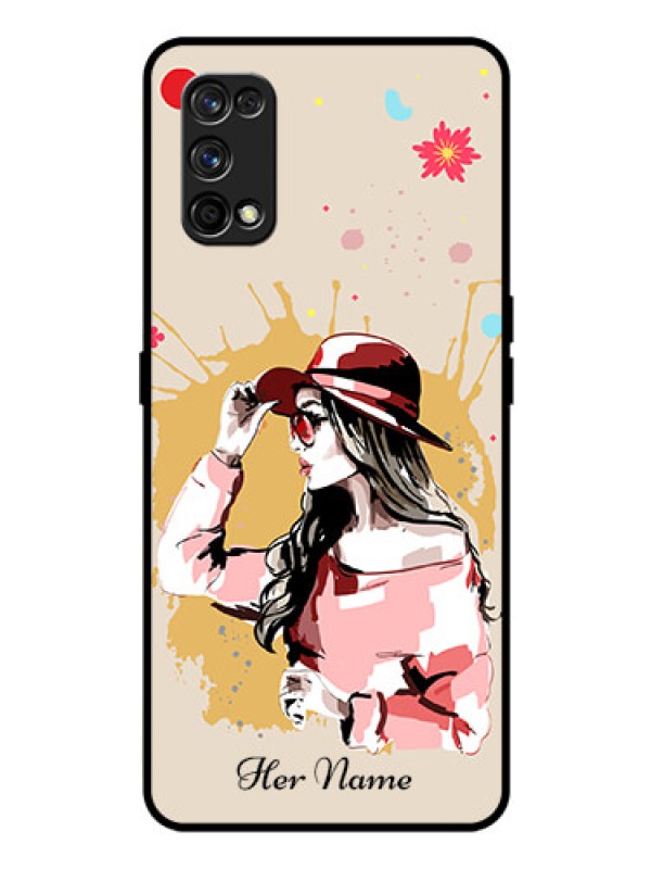 Custom Realme 7 Pro Photo Printing on Glass Case - Women with pink hat Design