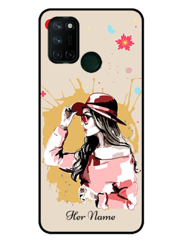 Custom Realme 7i Photo Printing on Glass Case - Women with pink hat Design