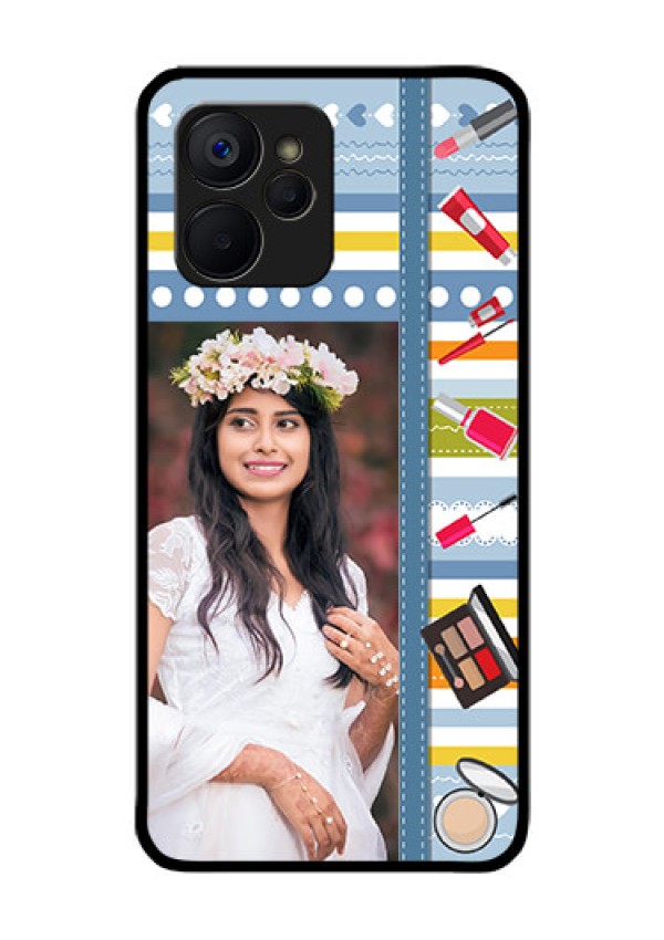 Realme 9i 5G Personalized Glass Phone Case - Makeup Icons Design