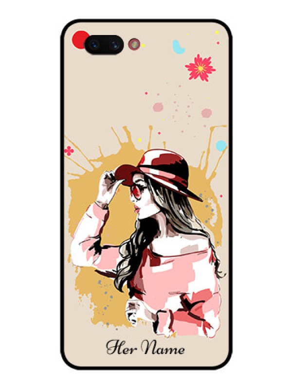 Custom Realme C1 2019 Photo Printing on Glass Case - Women with pink hat Design