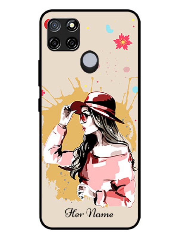 Custom Realme C12 Photo Printing on Glass Case - Women with pink hat Design