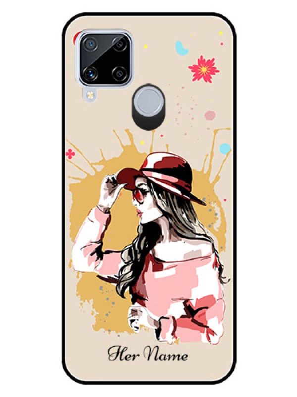 Custom Realme C15 Photo Printing on Glass Case - Women with pink hat Design