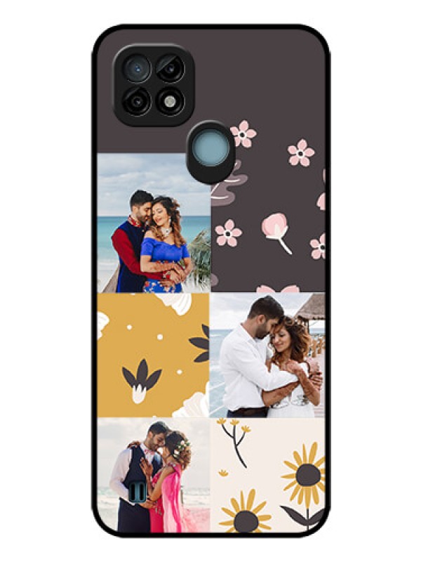 Custom Realme C21 Photo Printing on Glass Case - 3 Images with Floral Design