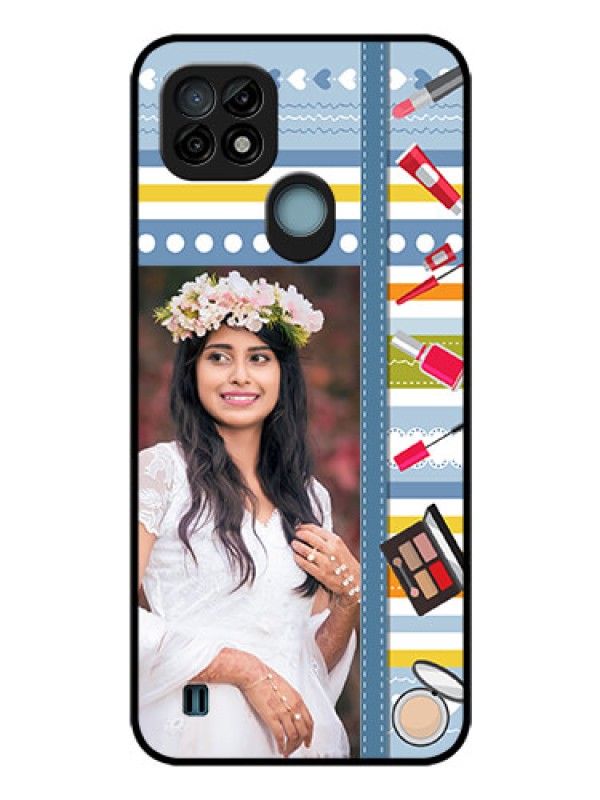 Custom Realme C21 Personalized Glass Phone Case - Makeup Icons Design