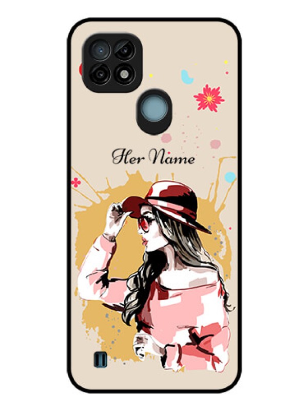Custom Realme C21 Photo Printing on Glass Case - Women with pink hat Design
