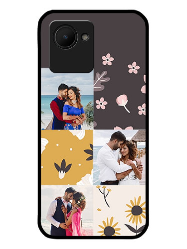 Custom Realme C30 Photo Printing on Glass Case - 3 Images with Floral Design