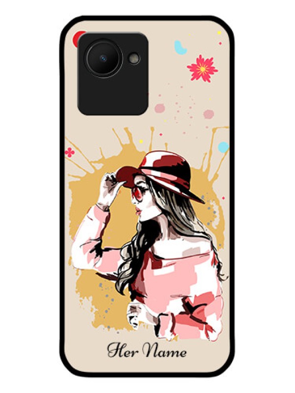 Custom Realme C30 Photo Printing on Glass Case - Women with pink hat Design