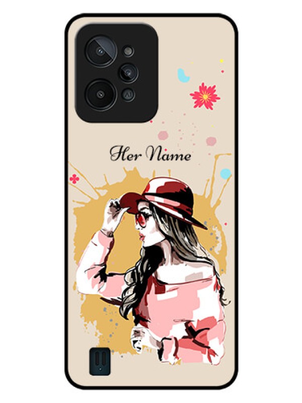 Custom Realme C31 Photo Printing on Glass Case - Women with pink hat Design