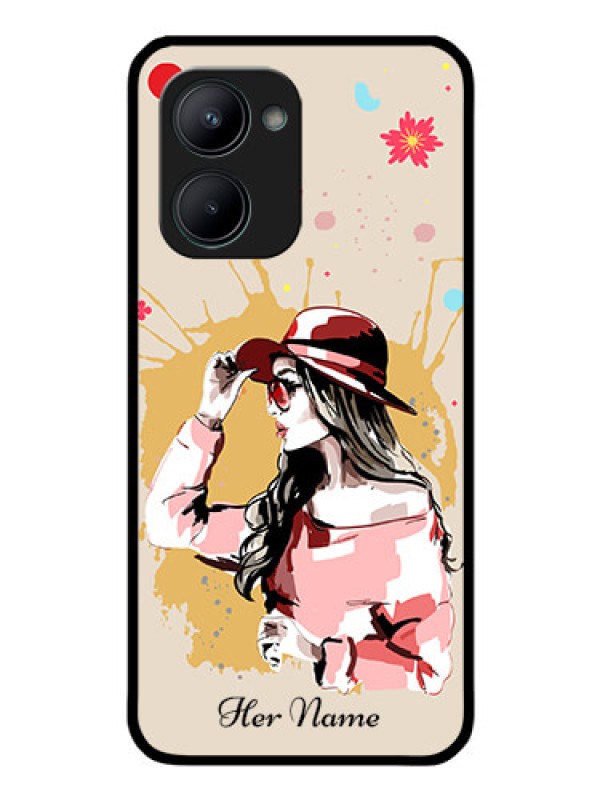Custom Realme C33 2023 Photo Printing on Glass Case - Women with pink hat Design