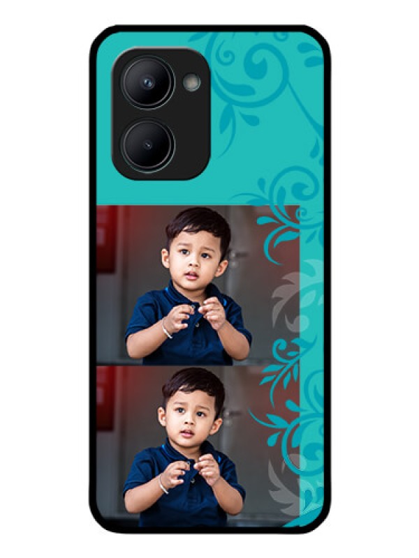 Custom Realme C33 Personalized Glass Phone Case - with Photo and Green Floral Design