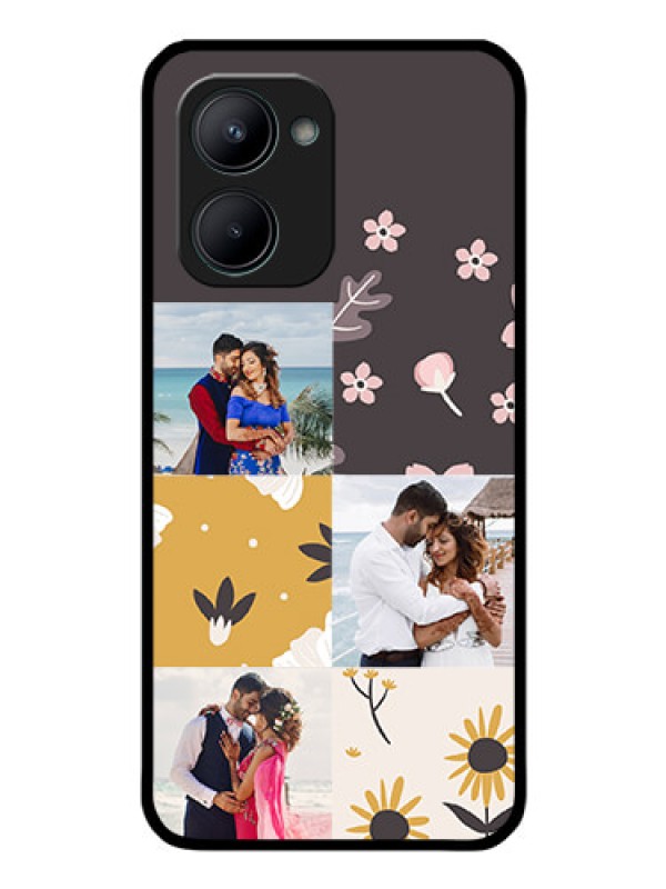 Custom Realme C33 Photo Printing on Glass Case - 3 Images with Floral Design