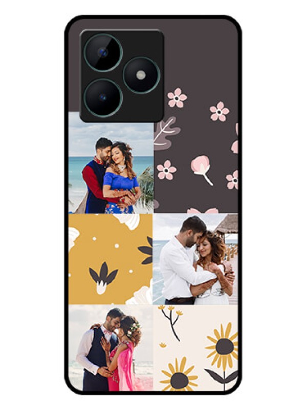 Custom Realme C51 Photo Printing on Glass Case - 3 Images with Floral Design