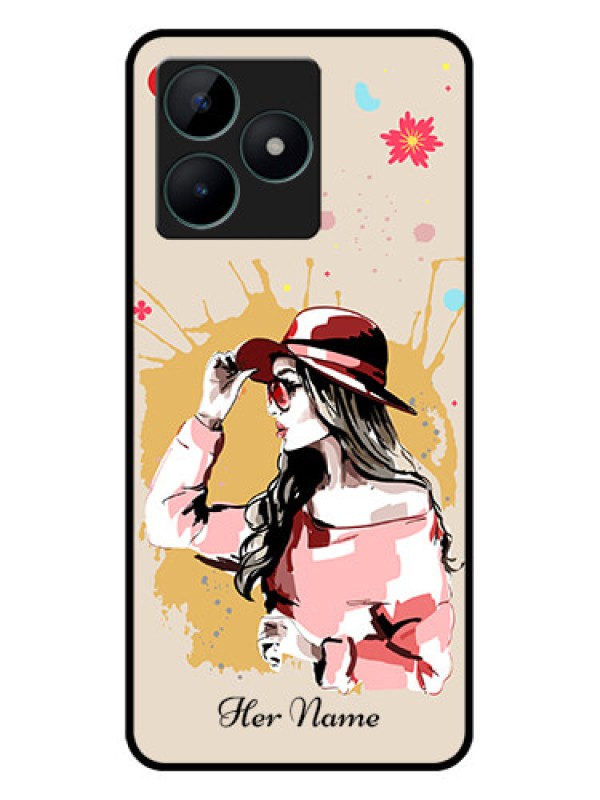 Custom Realme C51 Photo Printing on Glass Case - Women with pink hat Design