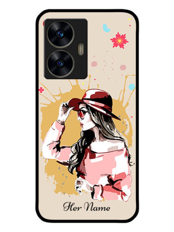 Custom Realme C55 Photo Printing on Glass Case - Women with pink hat Design