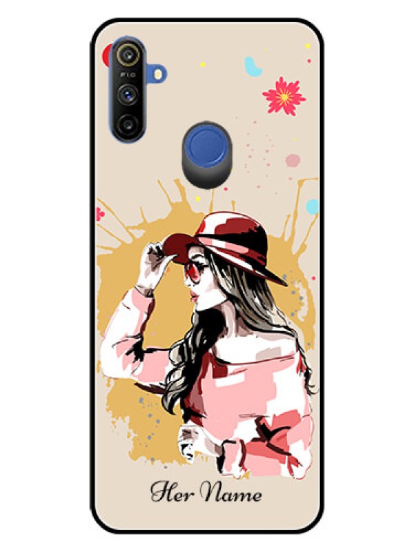 Custom Narzo 10A Photo Printing on Glass Case - Women with pink hat Design