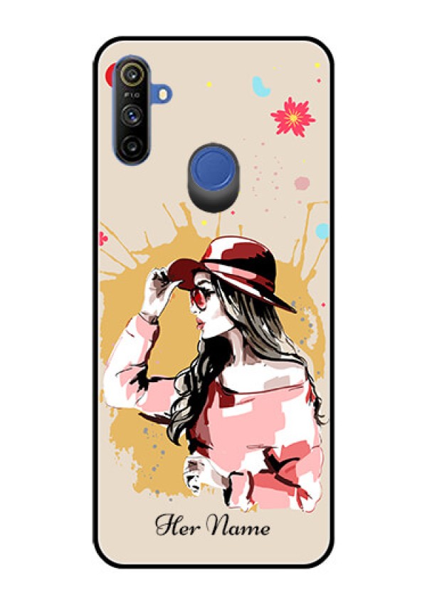 Narzo 10A Photo Printing on Glass Case - Women with pink hat Design