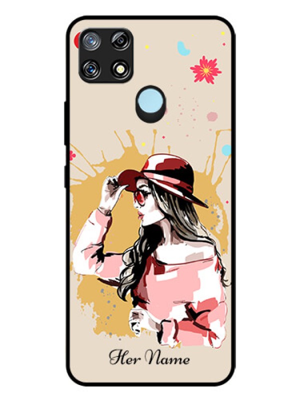 Custom Narzo 20 Photo Printing on Glass Case - Women with pink hat Design