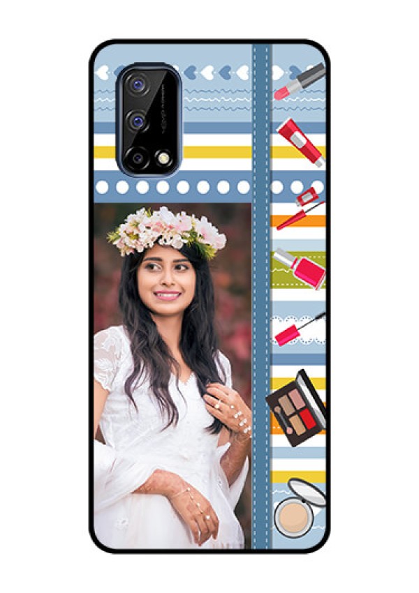 Realme Narzo 30 Pro 5G Personalized Glass Phone Case - Makeup Icons Design