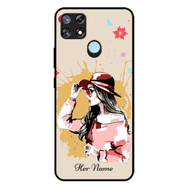 Narzo 30A Photo Printing on Glass Case - Women with pink hat Design Narzo 30A Photo Printing on Glass Case - Women with pink hat Design