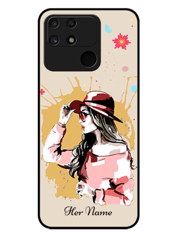 Custom Narzo 50A Photo Printing on Glass Case - Women with pink hat Design