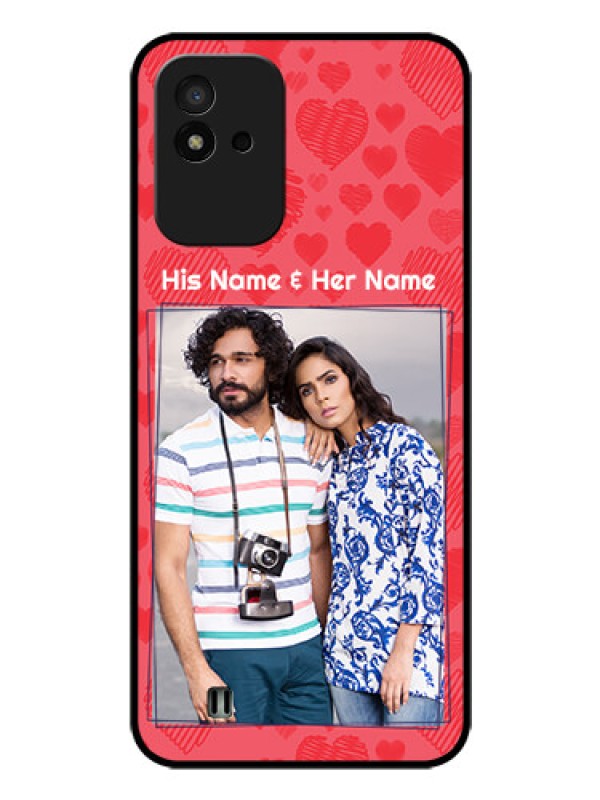 Custom Realme Narzo 50i Photo Printing on Glass Case - with Red Heart Symbols Design