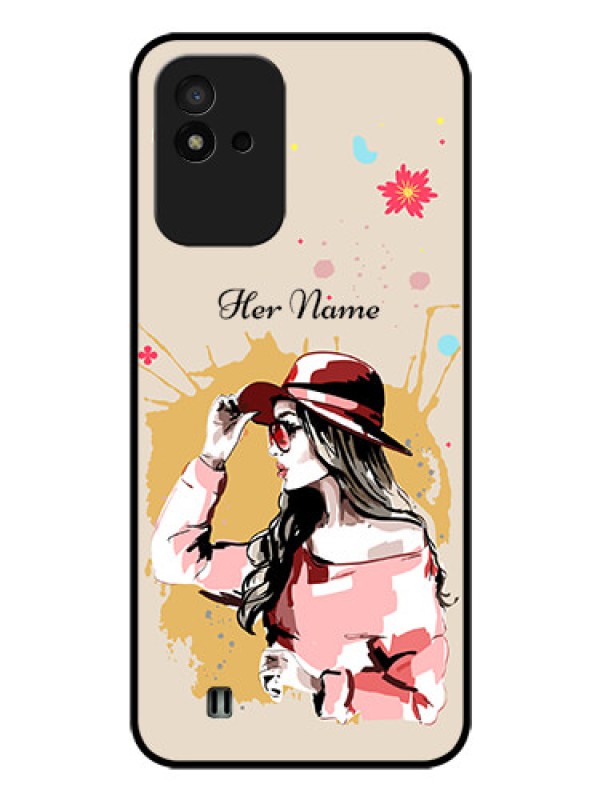 Custom Narzo 50I Photo Printing on Glass Case - Women with pink hat Design