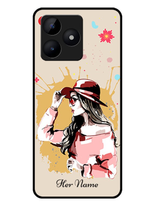 Custom Narzo N53 Photo Printing on Glass Case - Women with pink hat Design