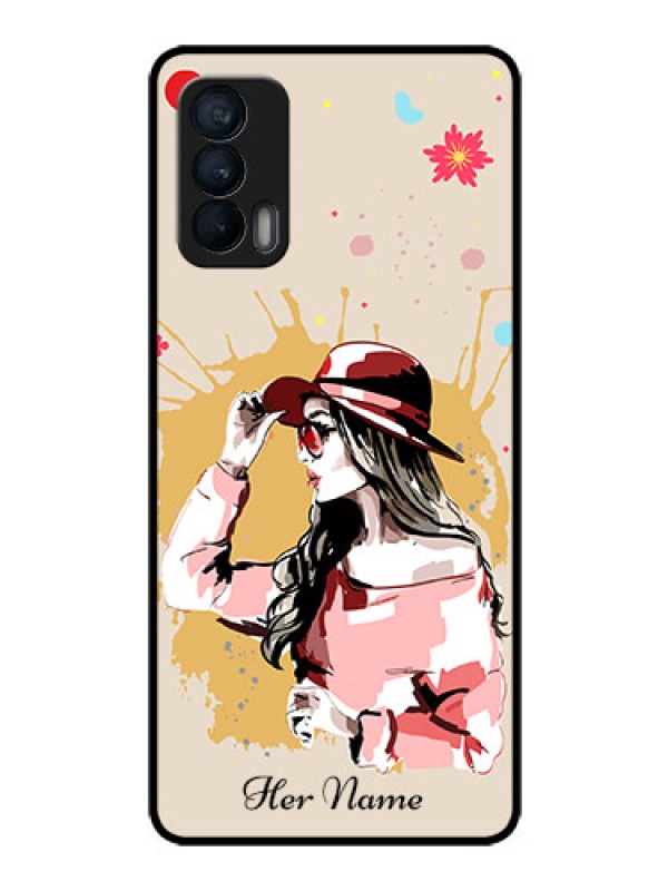 Custom Realme X7 Photo Printing on Glass Case - Women with pink hat Design
