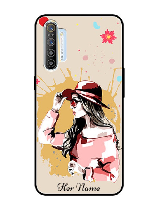 Custom Realme Xt Photo Printing on Glass Case - Women with pink hat Design