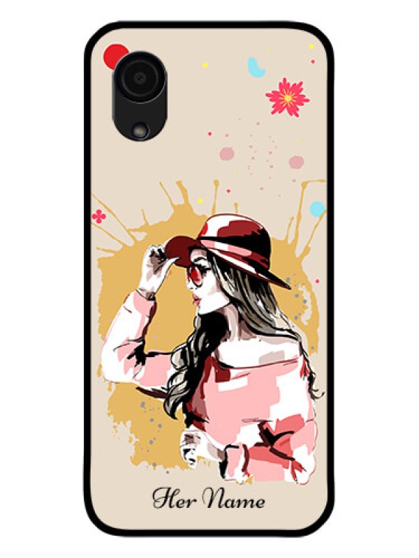 Custom Galaxy A03 Core Photo Printing on Glass Case - Women with pink hat Design
