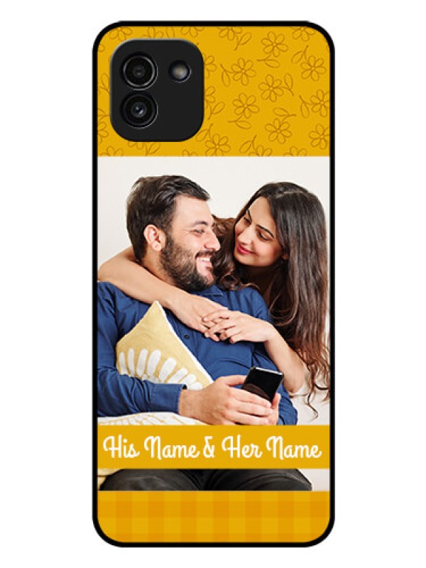 Custom Galaxy A03 Custom Glass Mobile Case - Yellow Floral Design