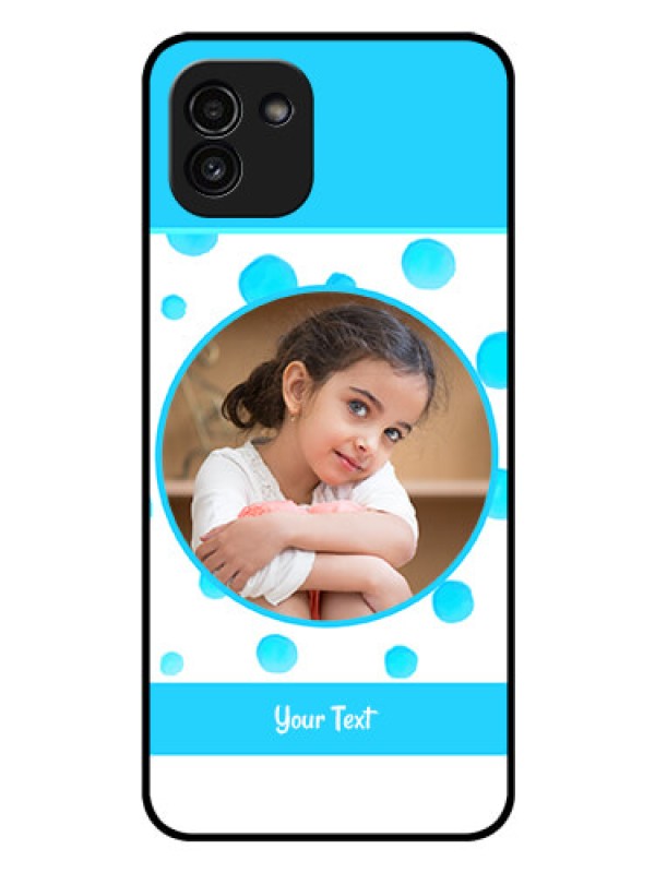 Custom Galaxy A03 Photo Printing on Glass Case - Blue Bubbles Pattern Design