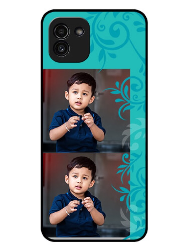 Custom Galaxy A03 Personalized Glass Phone Case - with Photo and Green Floral Design