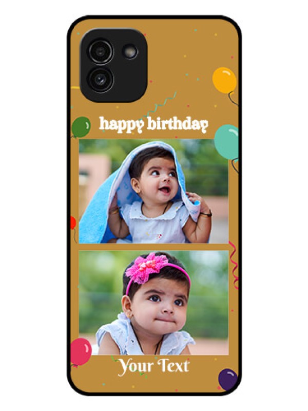 Custom Galaxy A03 Personalized Glass Phone Case - Image Holder with Birthday Celebrations Design