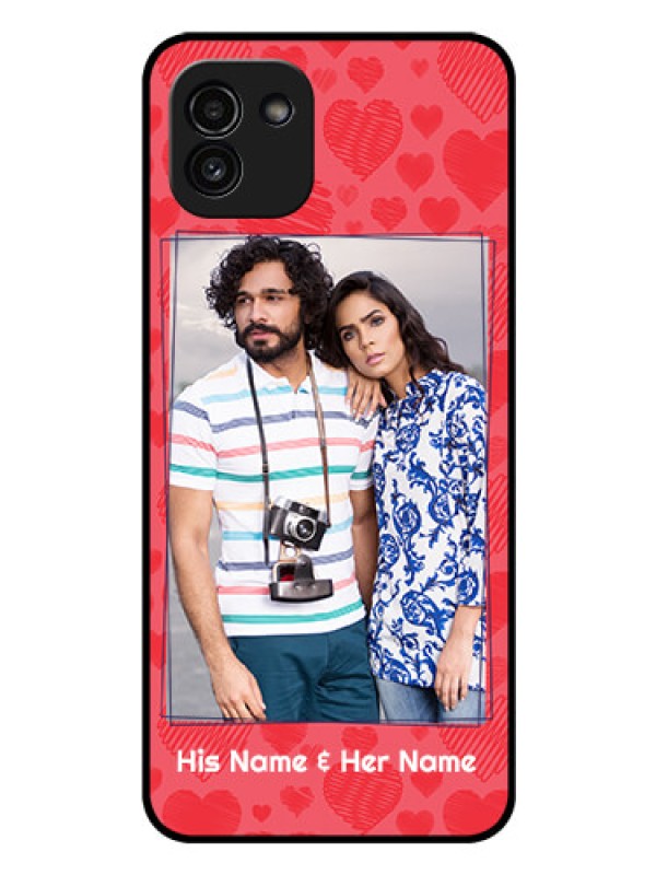 Custom Galaxy A03 Photo Printing on Glass Case - with Red Heart Symbols Design