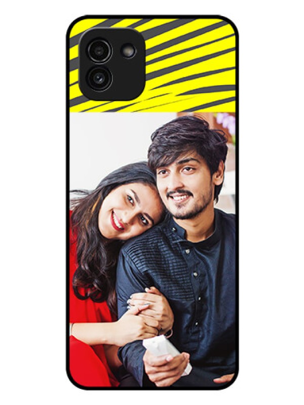 Custom Galaxy A03 Photo Printing on Glass Case - Yellow Abstract Design