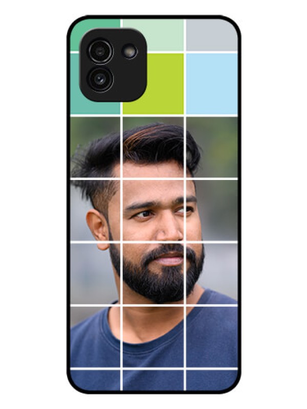Custom Galaxy A03 Photo Printing on Glass Case - with white box pattern