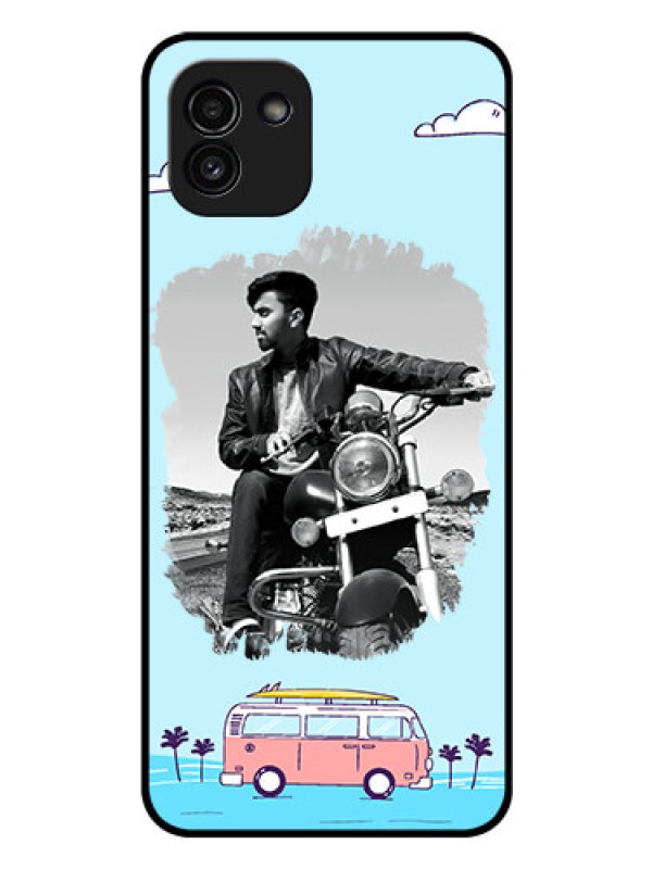 Custom Galaxy A03 Photo Printing on Glass Case - Travel & Adventure Design