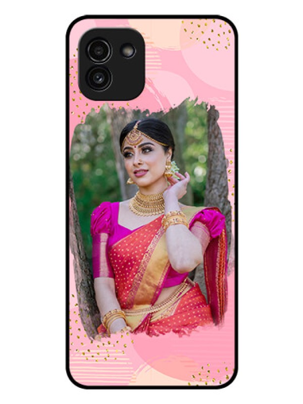 Custom Galaxy A03 Personalized Glass Phone Case - Gold Glitter Splash Design