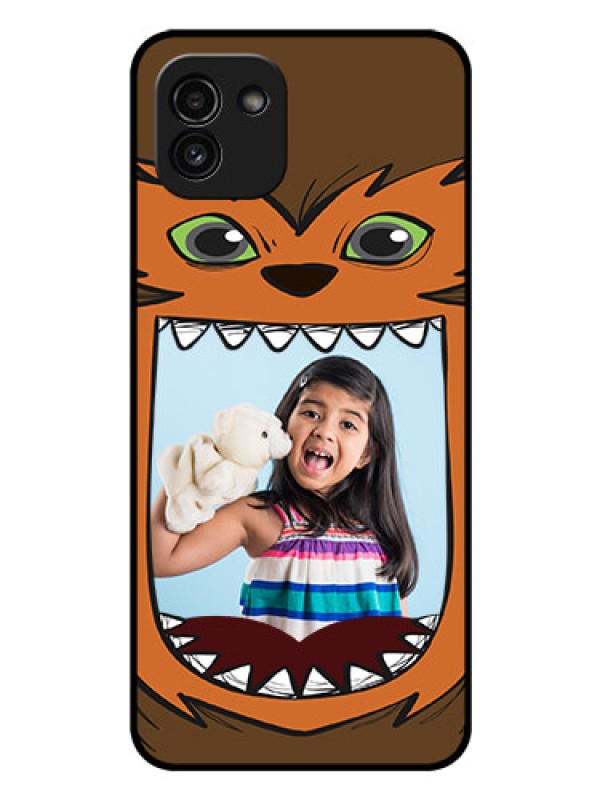 Custom Galaxy A03 Photo Printing on Glass Case - Owl Monster Back Case Design